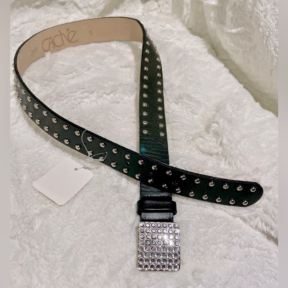 Vintage CACHE Black Leather Silver Studded Crystal  Belt Swarovski Buckle NWOT